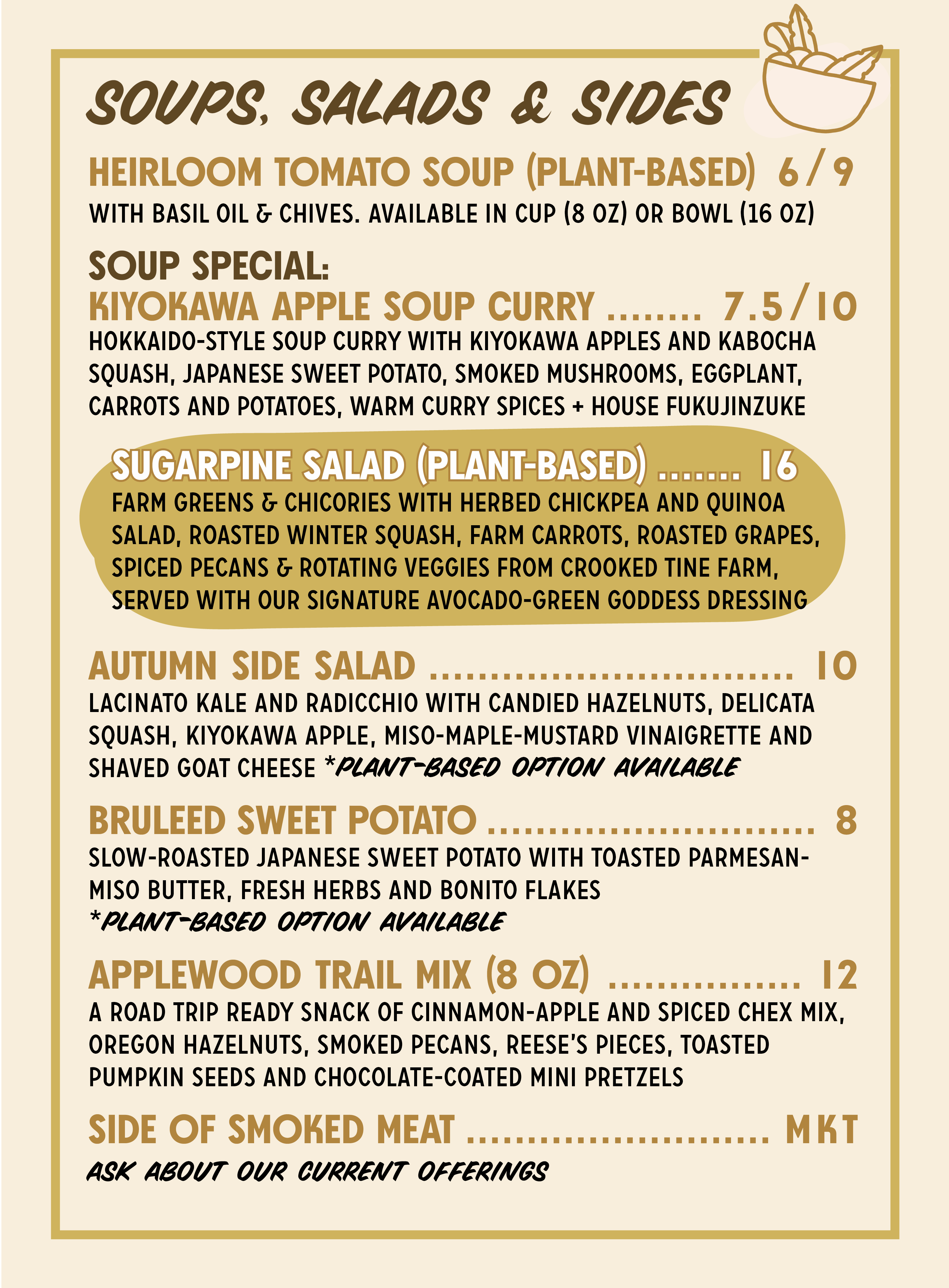 Sugarpine Menu AUTUMN WALKUP SOUPS SALADS SIDES 9.23.26